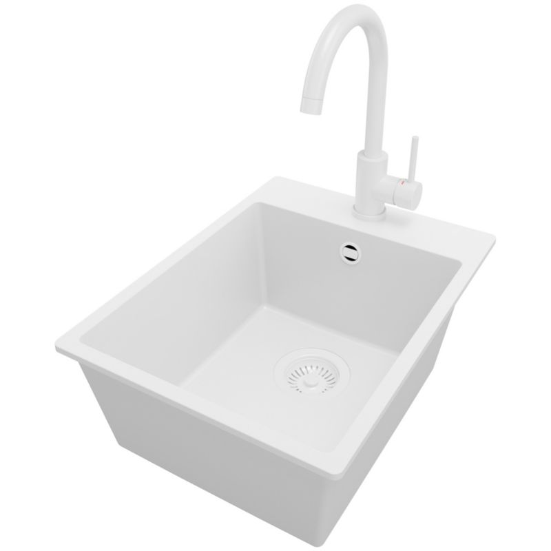 Zlewozmywak Granitowy Ryga PRIMAGRAN Nablatowy 38x50cm do szafki od 40cm, Cały Biały + Bateria 32x20cm + Syfon, S048, 1 szt.