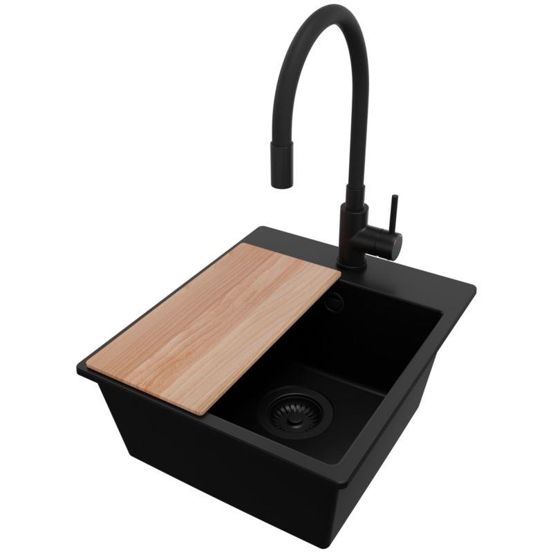 Zlewozmywak Granitowy Ryga Easy PRIMAGRAN Nablatowy 38x44cm do szafki od 40cm z Syfonem i Baterią i Dodatkiem Cały Czarny 1 szt.