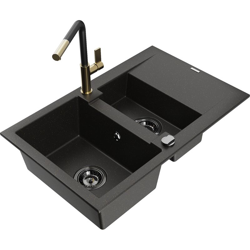 Zlewozmywak granitowy 1.5-komorowy Mexen Gaspar z ociekaczem i baterią kuchenną Flora czarny/złoty 6507-75-670401-57-B