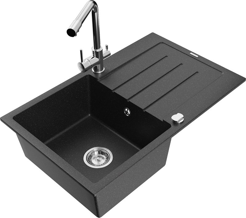 Zlewozmywak granitowy Mexen Bruno 1-komorowy z ociekaczem i baterią kuchenną Duero czarny/srebrny 6513-73-671600-00