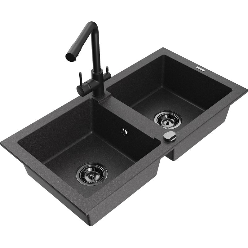 Zlewozmywak granitowy 2-komorowy Mexen Mario z baterią kuchenną Duero czarny nakrapiany 6504-76-671600-70-B
