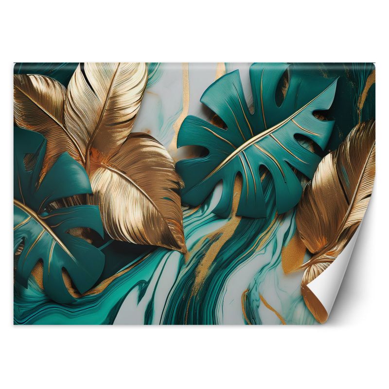 Fototapeta Feeby Liście Monstery Złoty Turkusowy Marmur 450x315 1 szt