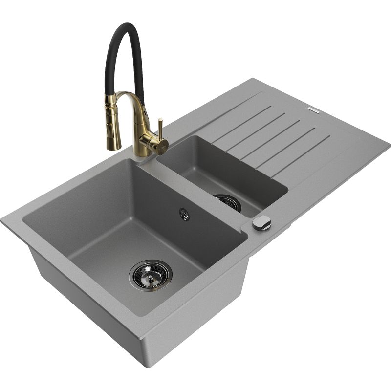 Zlewozmywak granitowy 1.5-komorowy Mexen Matias z ociekaczem i baterią kuchenną Aster szary 6502-71-73450-57-B