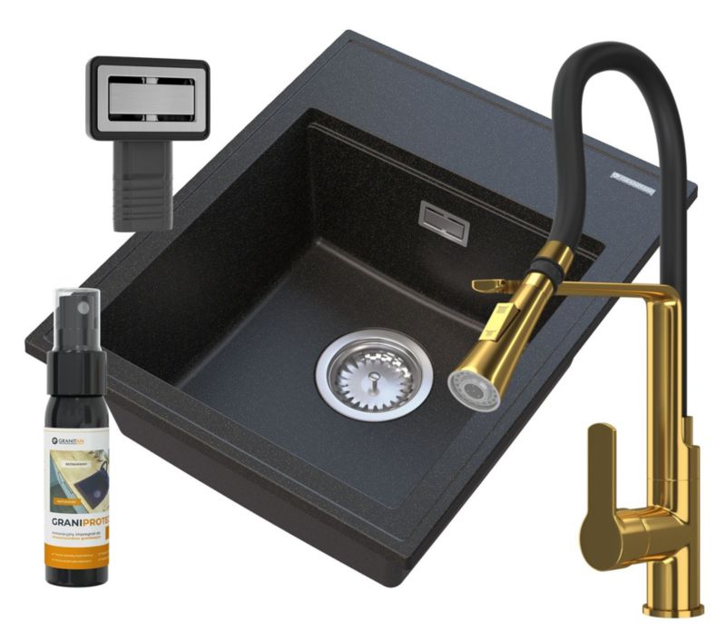 Zlewozmywak Granitowy Jednokomorowy Granitan Alor Czarny Z Drobinkami Złotego Bateria Złota Syfon 1 kpl.