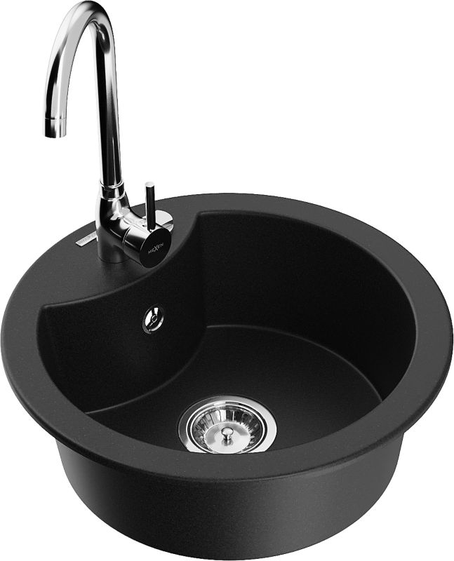 Zlewozmywak granitowy Mexen Diego 1-komorowy z baterią kuchenną Telma czarny 6512-77-670200-00