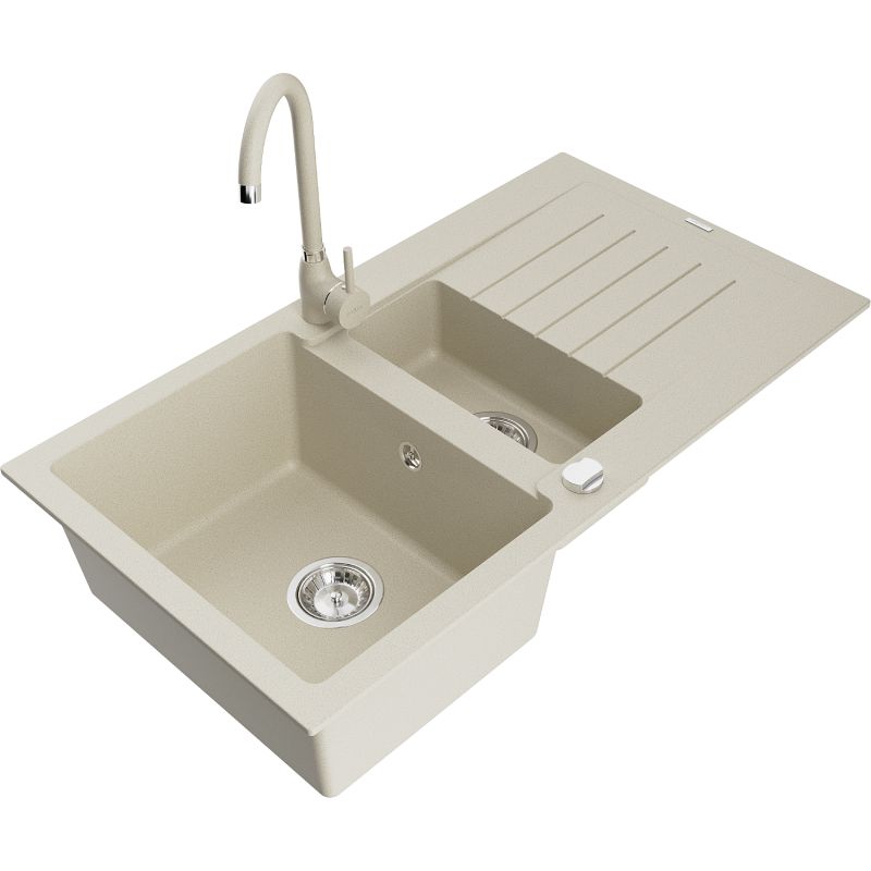 Zlewozmywak granitowy 1.5-komorowy Mexen Matias z ociekaczem i baterią kuchenną Telma biały - 6502-20-670200-50 1 szt.