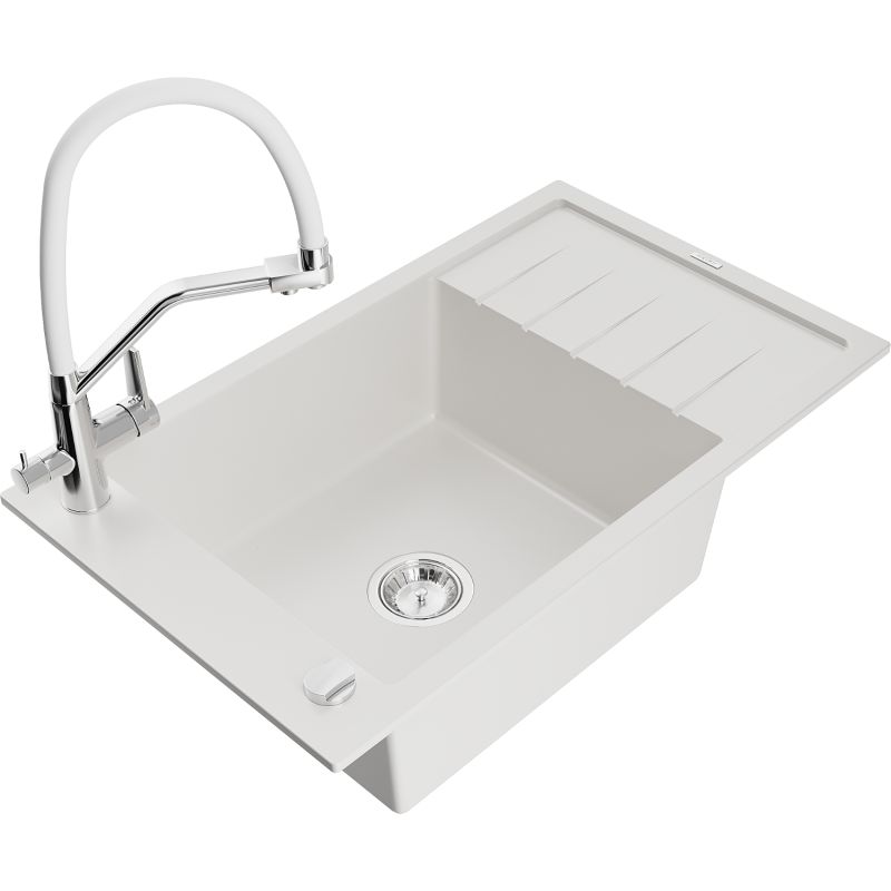 Zlewozmywak granitowy 1-komorowy Mexen Elias z ociekaczem i baterią kuchenną Duo biały 6511-20-671701-02