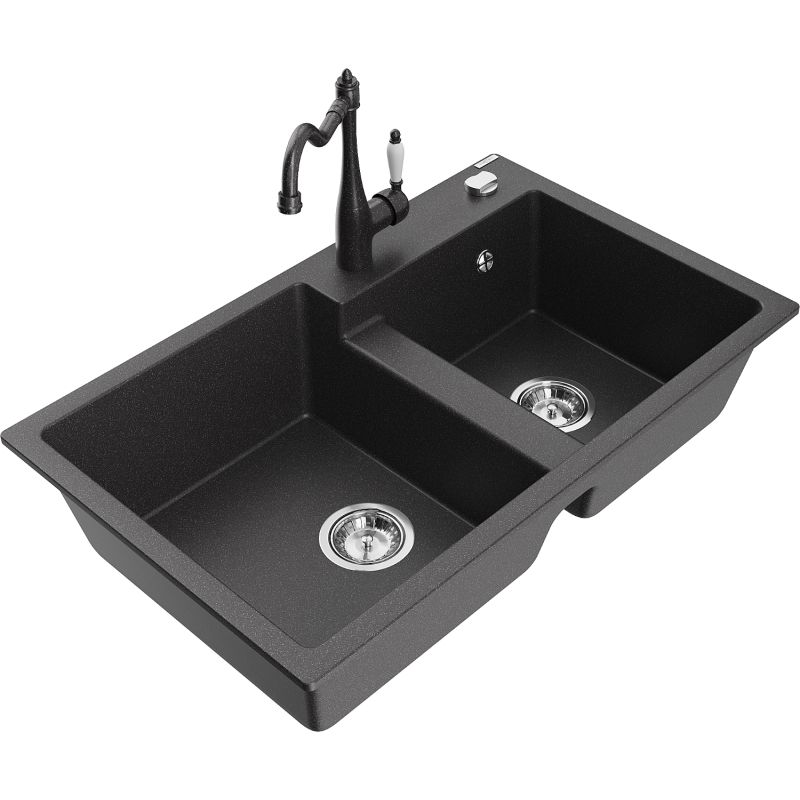 Zlewozmywak granitowy 2-komorowy Mexen Tomas z baterią kuchenną Carla czarny/srebrny metalik - 6516-73-670700-70-B 1 szt.