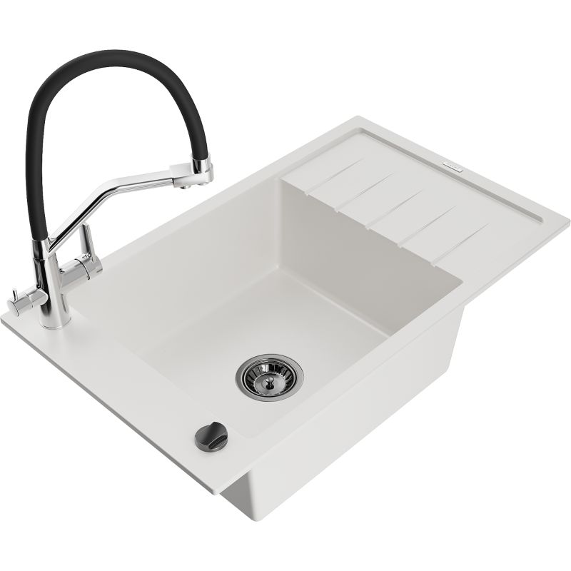 Zlewozmywak granitowy 1-komorowy Mexen Elias z ociekaczem i baterią kuchenną Duo biały 6511-20-671701-07-B