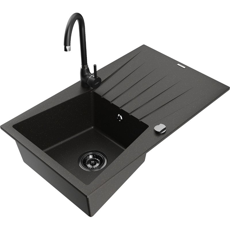 Zlewozmywak granitowy 1-komorowy Mexen Cesar z ociekaczem i baterią kuchenną Telma czarny/złoty 6514-75-670200-70-B