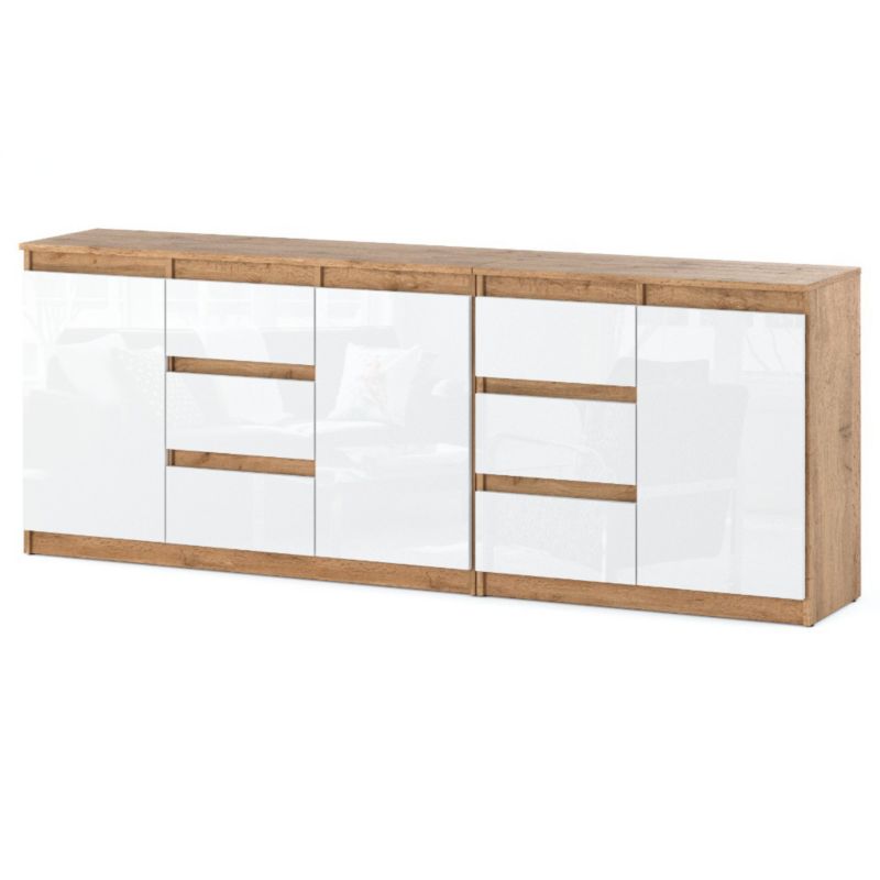 Komoda Hurtownia-Mebli Szuflady 6 Best Agnes 200cm Dąb Wotan Biały Połysk 200x35x75 cm 1szt.