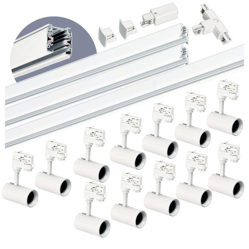 Zestaw szynowy 3-fazowy Kobi 1m+1m+2m, 12x Lampa, łącznik T biały 1kpl.