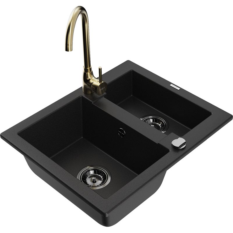 Zlewozmywak granitowy 1.5-komorowy Mexen Carlos z baterią kuchenną Telma czarny 6518-77-670200-50-B