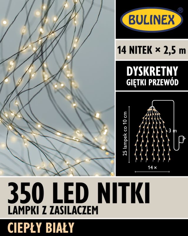Lampki wewnętrzne 350 LED Bulinex nitki 14 x 2,5 m barwa ciepła biała