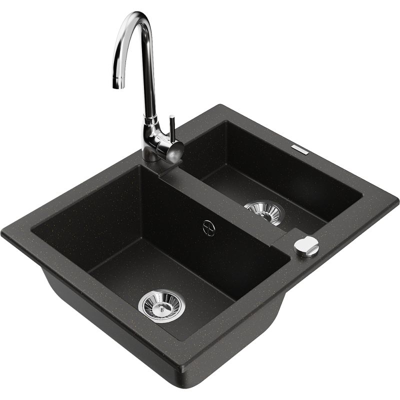 Zlewozmywak granitowy 1.5-komorowy Mexen Carlos z baterią kuchenną Telma czarny/złoty metalik 6518-75-670200-00