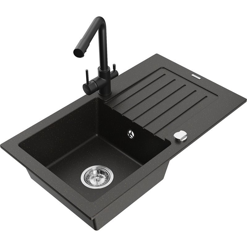 Zlewozmywak granitowy 1-komorowy Mexen Pablo z ociekaczem i baterią kuchenną Duero szary - 6510-71-671600-71 1 szt.