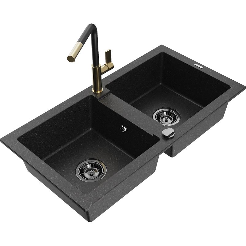 Zlewozmywak granitowy 2-komorowy Mexen Mario z baterią kuchenną Flora czarny/srebrny metalik 6504-73-670401-57-B