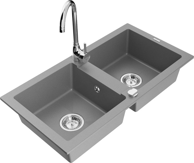 Zlewozmywak granitowy Mexen Mario 2-komorowy z baterią kuchenną Telma szary 6504-71-670200-00