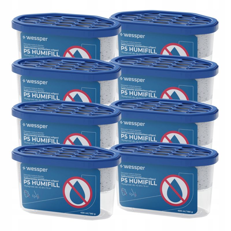 Pochłaniacz wilgoci, Wessper P5 HUMIFILL, osuszacz powietrza, jednorazowy, przeciw wilgoci, bezzapachowy, 400ml, 9m2, 42 dni, 8szt