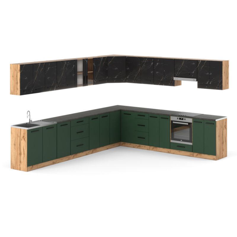 Zestaw Kuchenny Hurtownia-Mebli Z Blatem Kuchnia narożna Rossa 680cm Dąb Wotan San Sebastian/Butelkowa Zieleń 680x47x145 cm 1sz