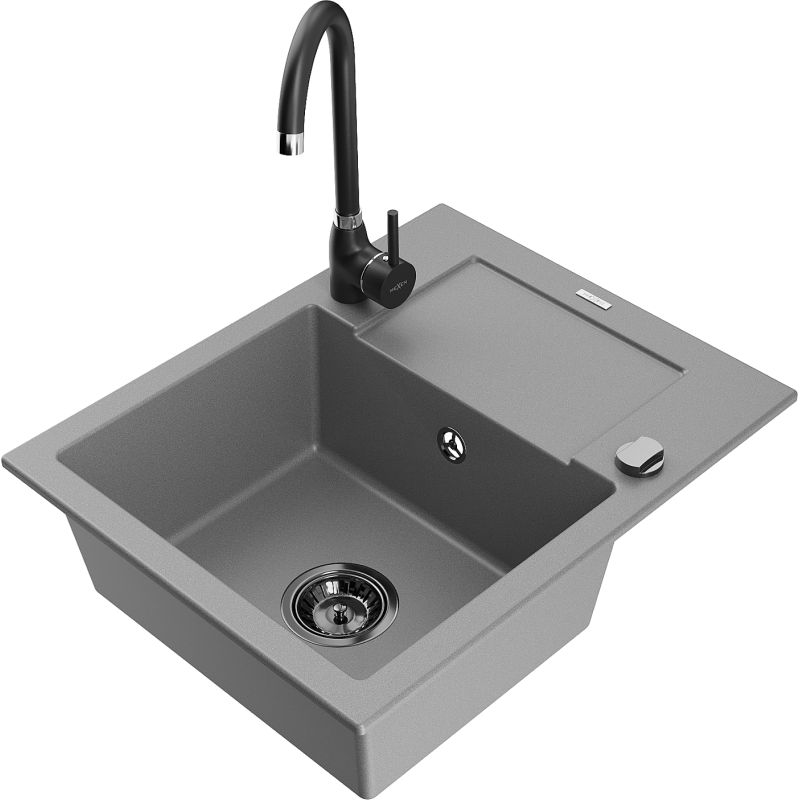 Zlewozmywak granitowy 1-komorowy Mexen Enzo z ociekaczem i baterią kuchenną Telma szary 6506-71-670200-70-B