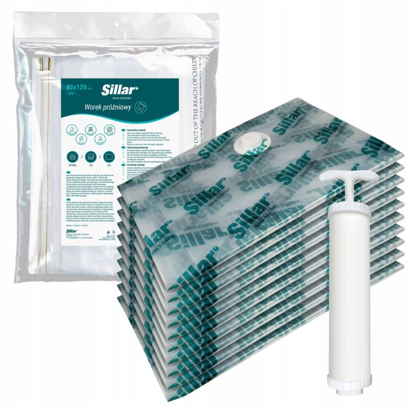 Worki próżniowe, Sillar, z pompką, na odzież, do walizki, 80x120cm, 80 mikronów, 7 warstw, 10szt