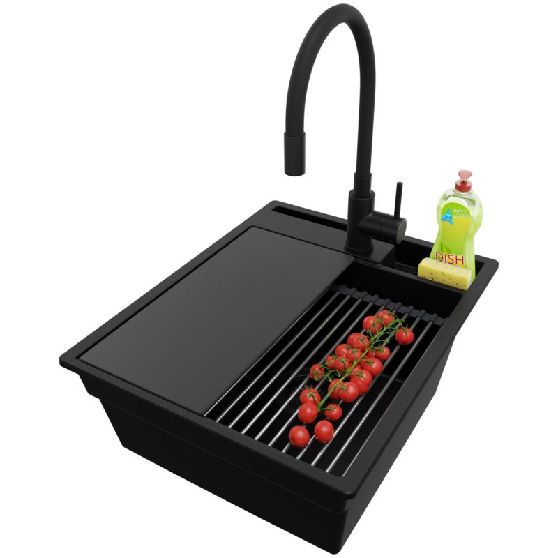 Zlewozmywak Granitowy Oslo Pocket PRIMAGRAN Nablatowy 43x53cm do szafki od 45cm z Syfonem i Baterią i Dodatkiem Cały Czarny 1 szt.