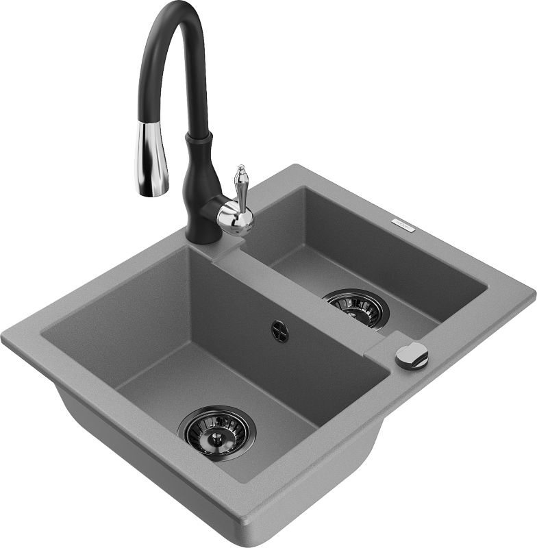 Zlewozmywak granitowy Mexen Carlos 1,5-komorowy z baterią kuchenną Savita szary 6518-71-672601-70-B