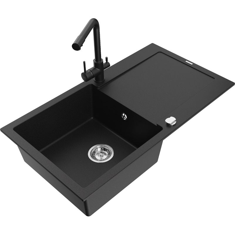 Zlewozmywak granitowy 1-komorowy Mexen Leo z ociekaczem i baterią kuchenną Duero czarny nakrapiany - 6501-76-671600-76 1 szt.