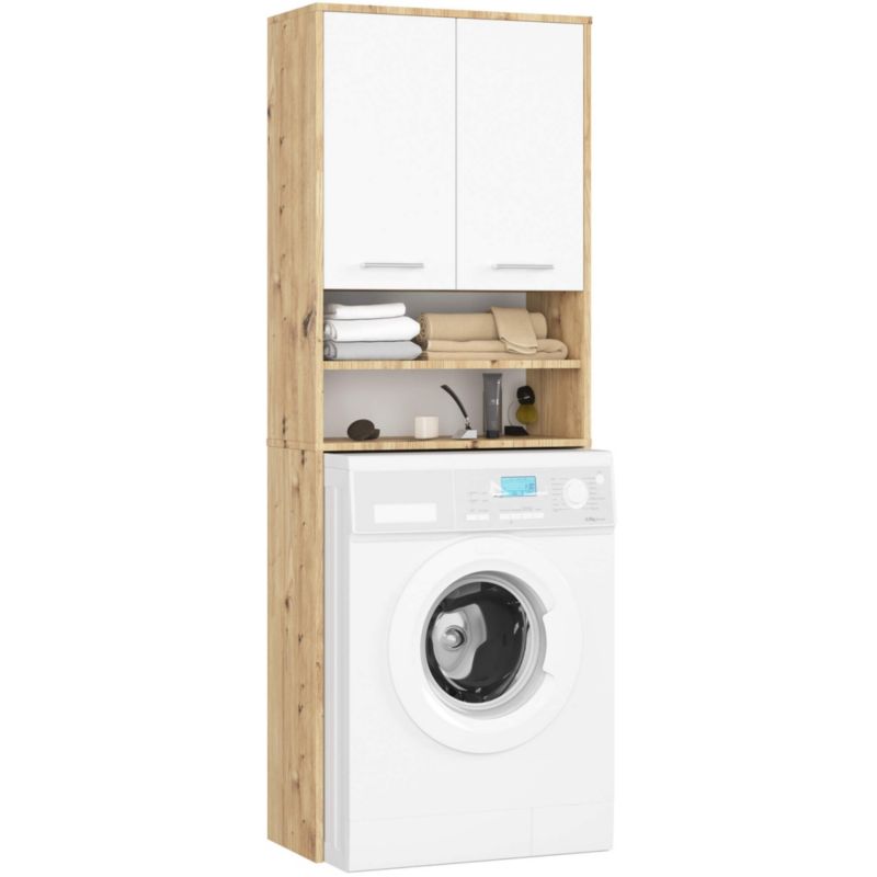 Słupek łazienkowy Akord Fin do zabudowy pralki Dąb Artisan, Biały 64 cm wnęka 2 drzwi 4 półki 64x30x180 cm 1 szt.