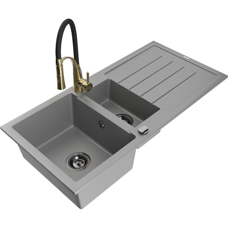 Zlewozmywak granitowy 1.5-komorowy Mexen Andres z ociekaczem i baterią kuchenną Aster szary 6515-71-73450-57-B