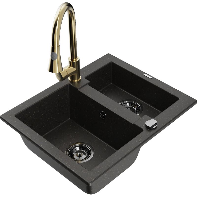 Zlewozmywak granitowy 1.5-komorowy Mexen Carlos z baterią kuchenną Elia czarny/złoty metalik 6518-75-670101-50-B