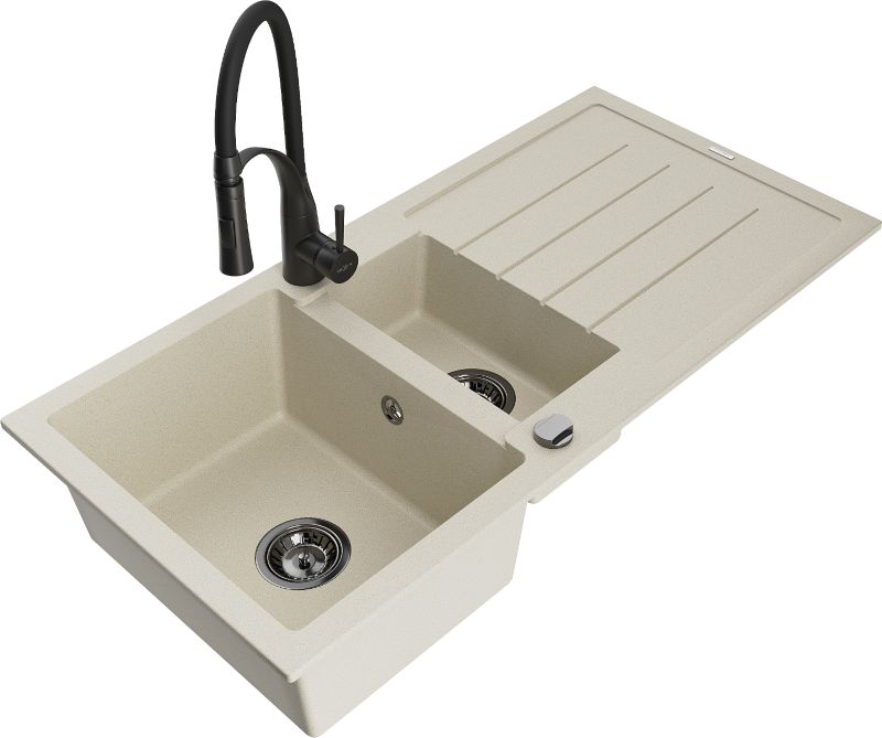 Zlewozmywak granitowy Mexen Andres 1,5-komorowy z ociekaczem i baterią kuchenną Aster biały - 6515-20-73450-70-B 1 szt.