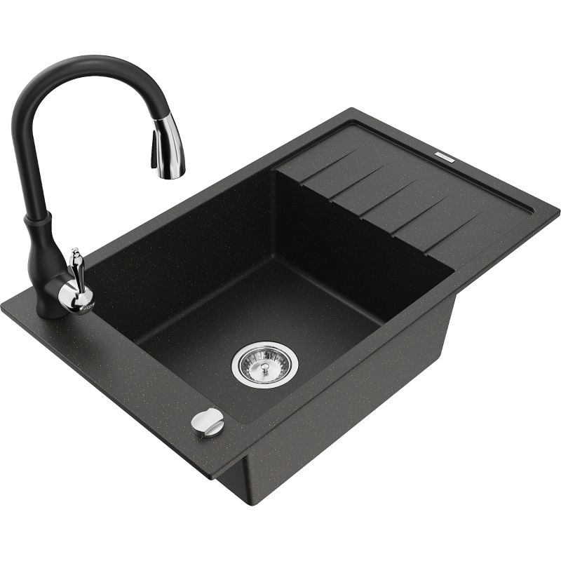 Zlewozmywak granitowy 1-komorowy Mexen Elias z ociekaczem i baterią kuchenną Savita szary - 6511-71-672601-00 1 szt.