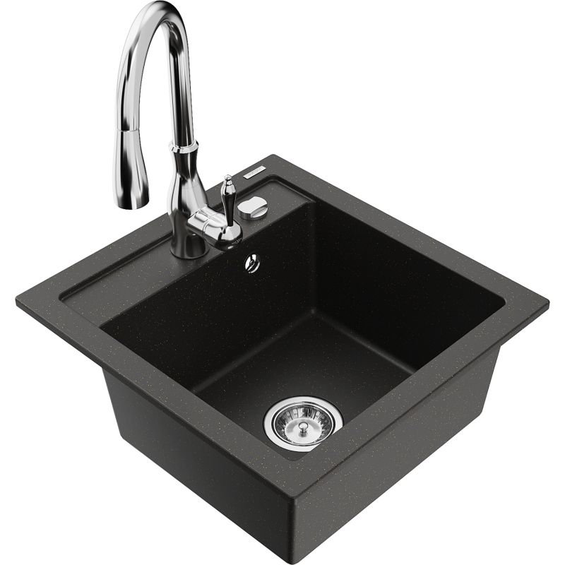 Zlewozmywak granitowy 1-komorowy Mexen Vito z baterią kuchenną Savita czarny/złoty metalik - 6503-75-672601-70 1 szt.