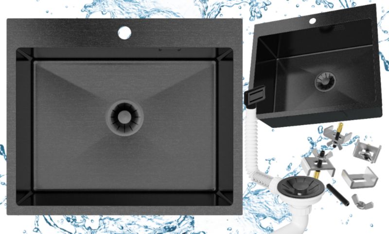 Zlewozmywak stalowy Jednokomorowy Granitan Silvo60 Kuchenny z syfonem Czarny LUX 1kpl.