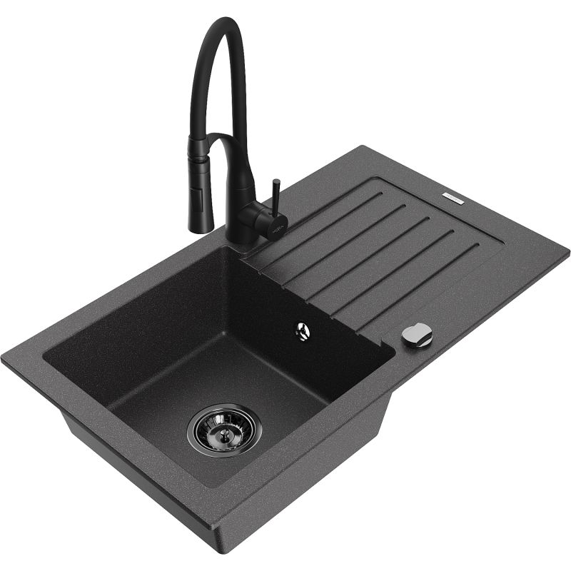 Zlewozmywak granitowy 1-komorowy Mexen Pablo z ociekaczem i baterią Aster czarny/srebrny metalik - 6510-73-73450-70-B 1 szt.