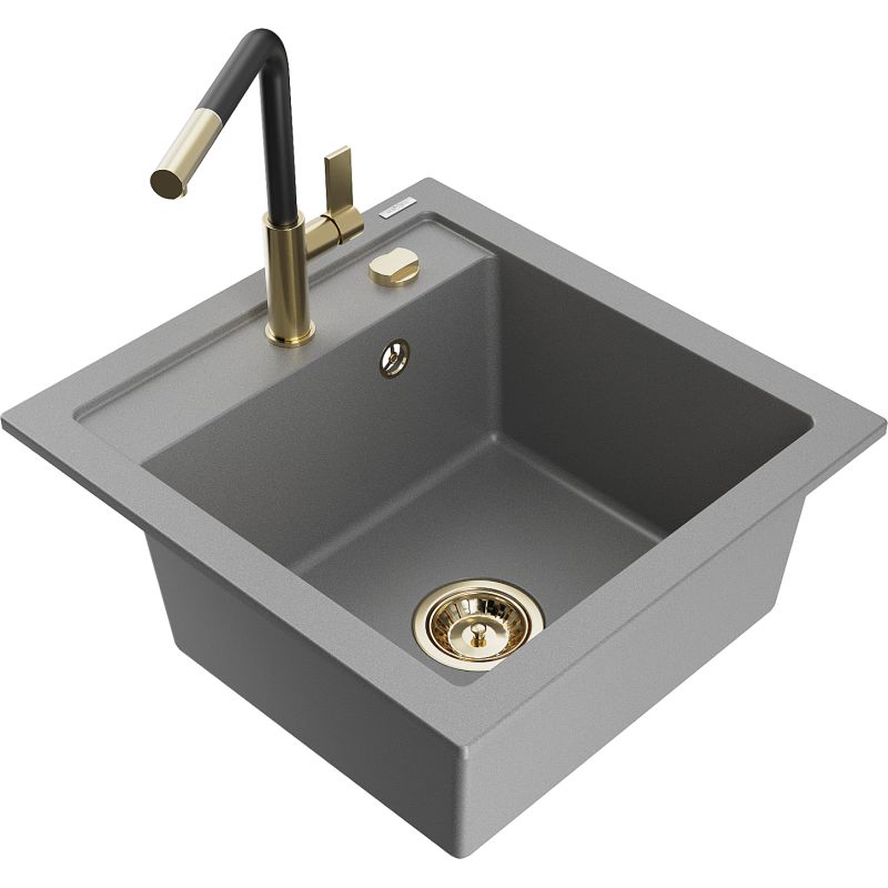 Zlewozmywak granitowy 1-komorowy Mexen Vito z baterią kuchenną Flora szary 6503-71-670401-57-G