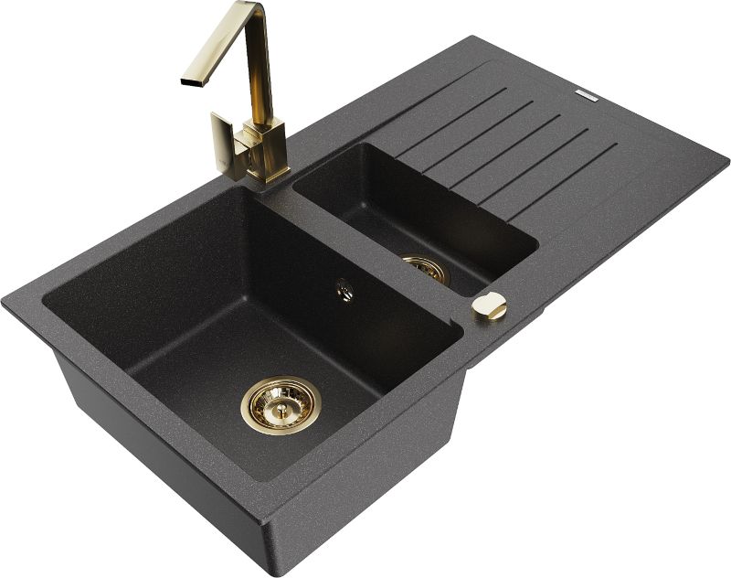 Zlewozmywak granitowy Mexen Matias 1,5-komorowy z ociekaczem i baterią kuchenną Rita czarny 6502-76-670300-50