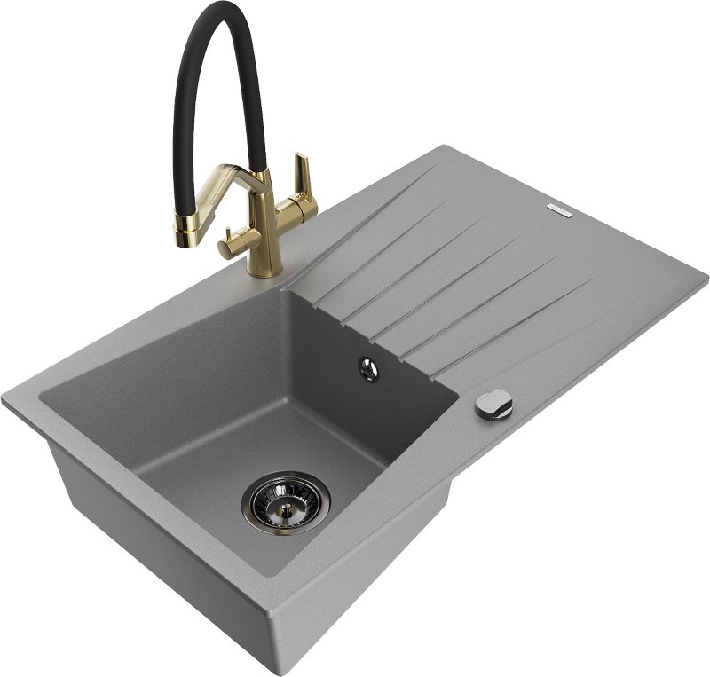 Zlewozmywak granitowy Mexen Cesar 1-komorowy z ociekaczem i baterią kuchenną Elia czarny - 6514-77-670101-00 1 szt.