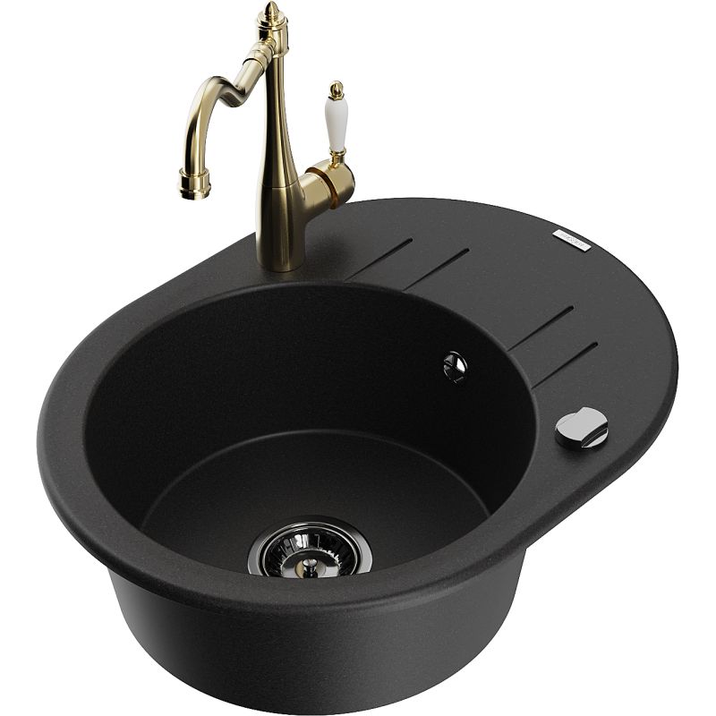 Zlewozmywak granitowy 1-komorowy Mexen Kevin z ociekaczem i baterią kuchenną Carla czarny - 6517-77-670700-50 1 szt.