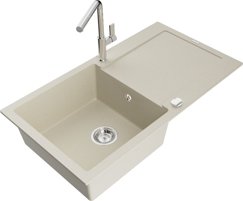 Zlewozmywak granitowy Mexen Leo 1-komorowy z ociekaczem i baterią kuchenną Flora beżowy - 6501-69-670401-57-G 1 szt.