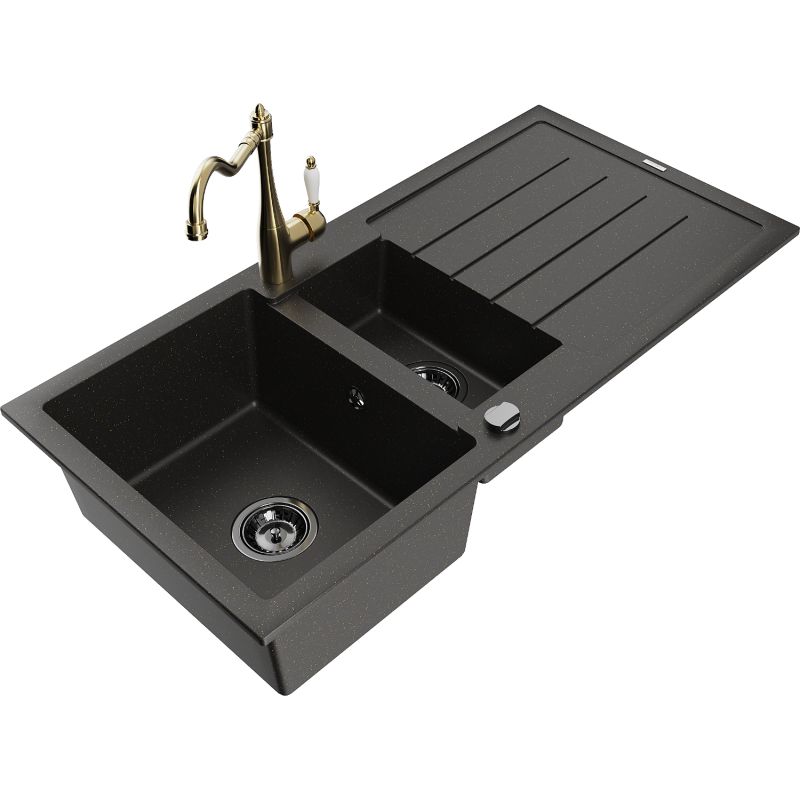 Zlewozmywak granitowy 1.5-komorowy Mexen Andres z ociekaczem i baterią kuchenną Carla czarny/złoty 6515-75-670700-50-B
