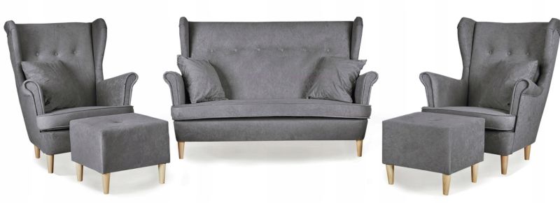 Zestaw wypoczynkowy uszak do salonu sofa fotele z podnóżkiem Family Meble ARI jasny szary 1szt