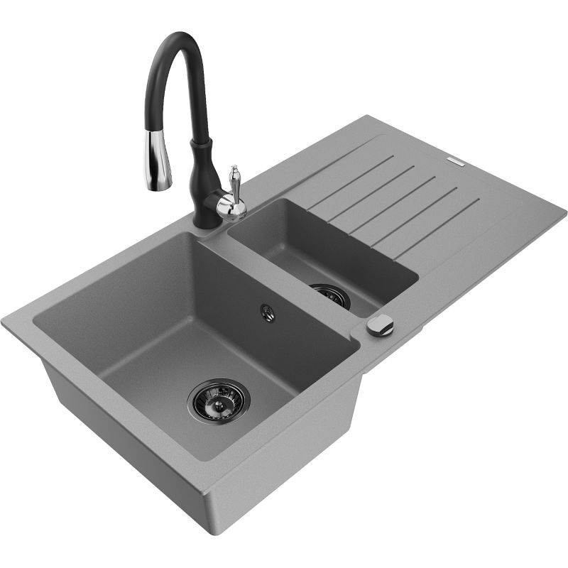 Zlewozmywak granitowy 1.5-komorowy Mexen Matias z ociekaczem i baterią kuchenną Savita szary 6502-71-672601-70-B