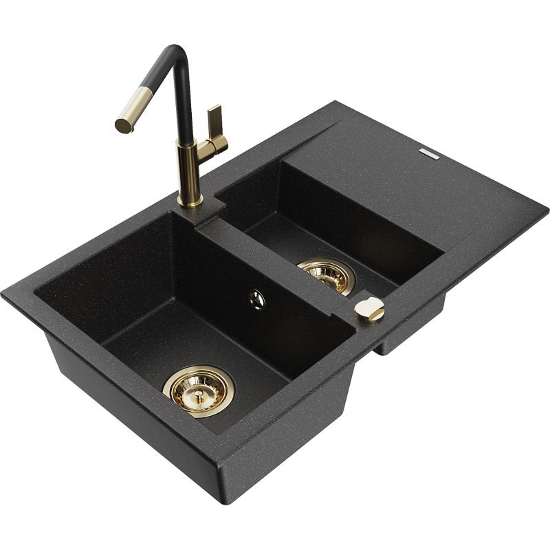 Zlewozmywak granitowy 1.5-komorowy Mexen Gaspar z ociekaczem i baterią kuchenną Flora czarny/srebrny 6507-73-670401-57-G