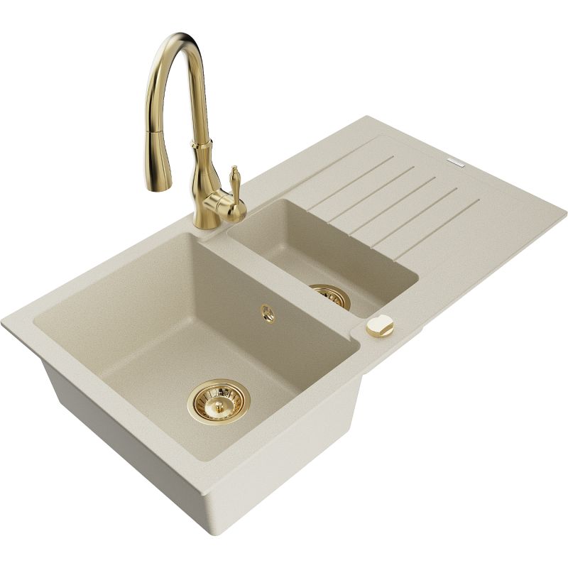 Zlewozmywak granitowy 1.5-komorowy Mexen Matias z ociekaczem i baterią kuchenną Savita beżowy 6502-69-672601-50