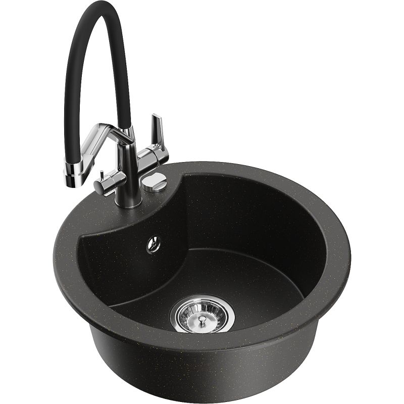 Zlewozmywak granitowy 1-komorowy Mexen Diego z baterią kuchenną Duo czarny/złoty metalik 6512-75-671701-07