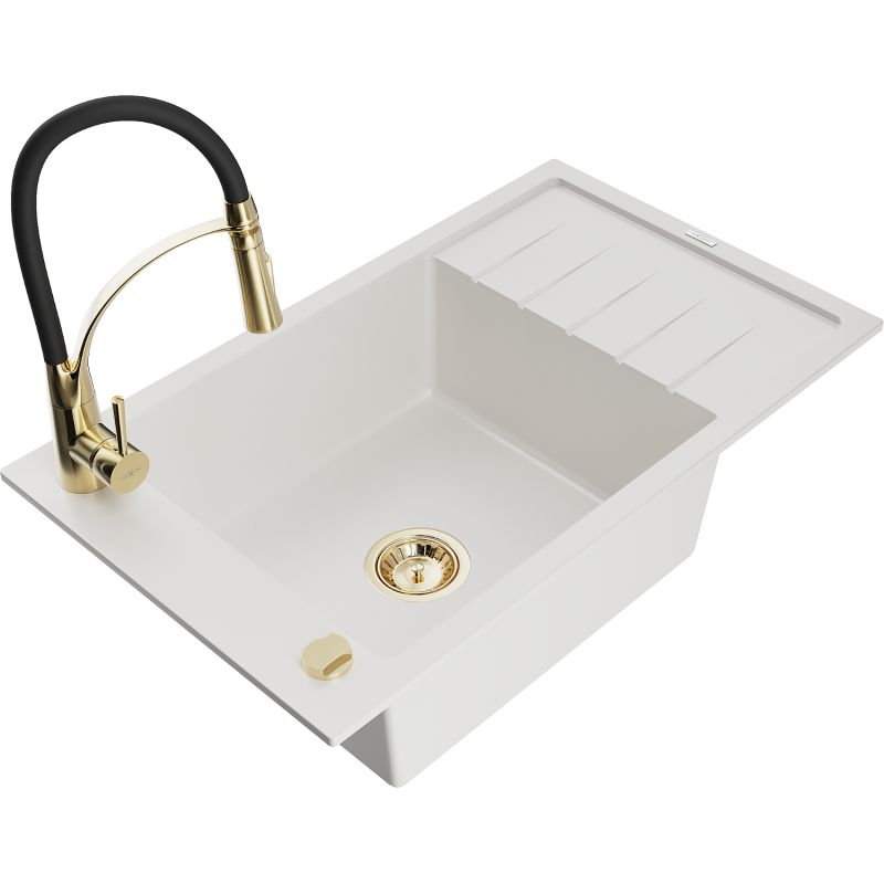 Zlewozmywak granitowy 1-komorowy Mexen Elias z ociekaczem i baterią kuchenną Aster biały 6511-20-73450-57-G