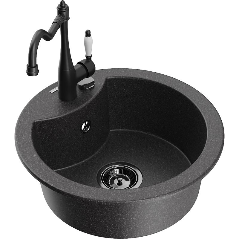 Zlewozmywak granitowy 1-komorowy Mexen Diego z baterią kuchenną Carla czarny nakrapiany - 6512-76-670700-70 1 szt.
